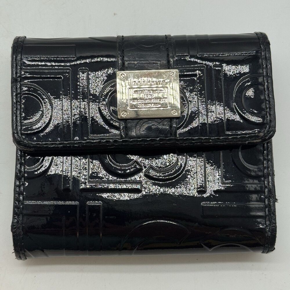 Liz Claiborne Black Patent Leather Trifold Logo Wallet ID CC Cash Coin Organizer